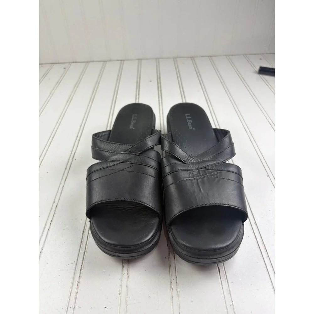 L.L.Bean Vintage Y2K Black Leather Slide On Wedge Sandals Women's Size 40 US 8.5